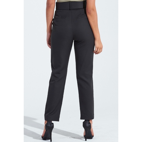 Black High Waist Belted Straight Leg Ankle Pants - Picture 2 of 4